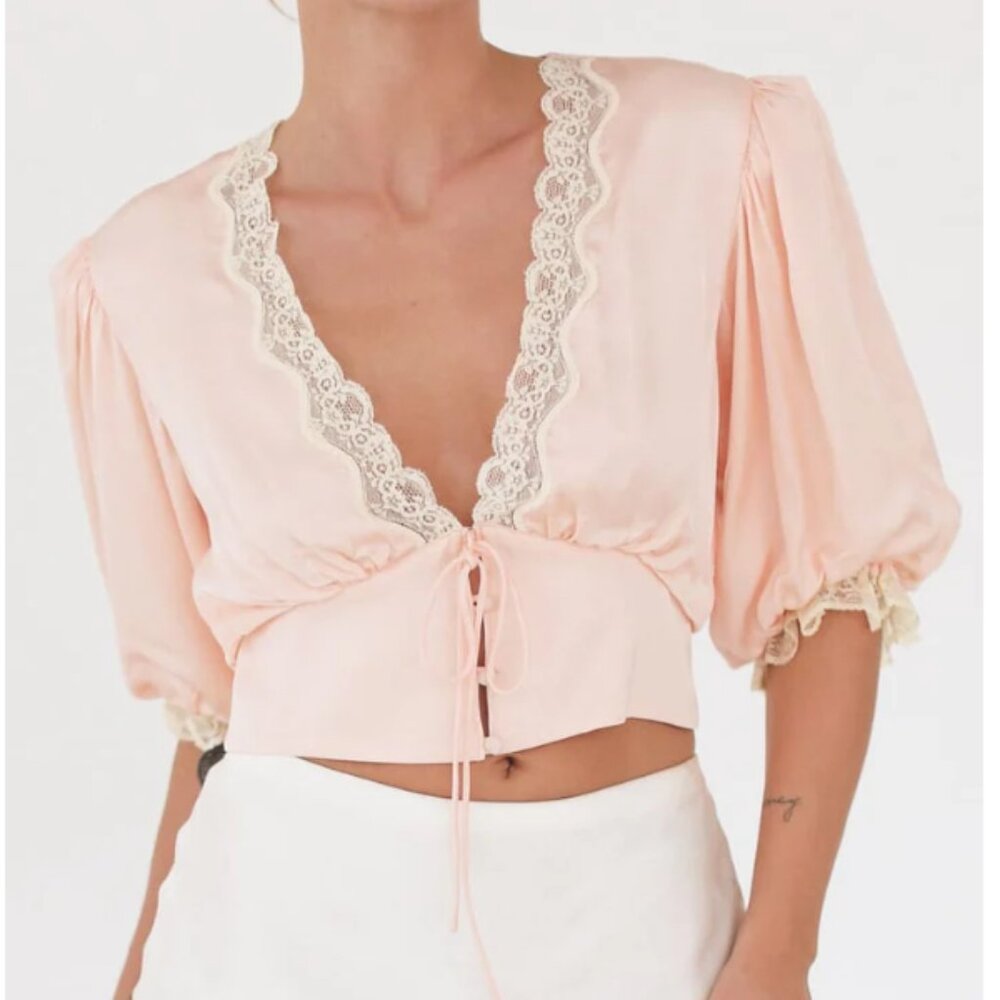Rumored baby pink Blouse - Crop Lace puffy sleeve top Satin Silk